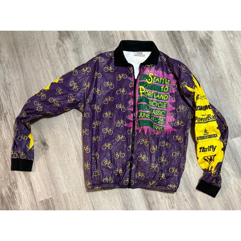 1995 Seattle to Portland Bicycle Classic Jacket Purple All Over Bicycle Print  L